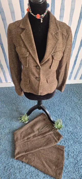 Traje Zara Espiga Marrón Chaqueta y Pantalón