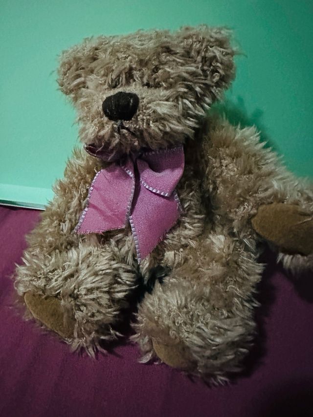 Osito de peluche marrón con lazo rosa
