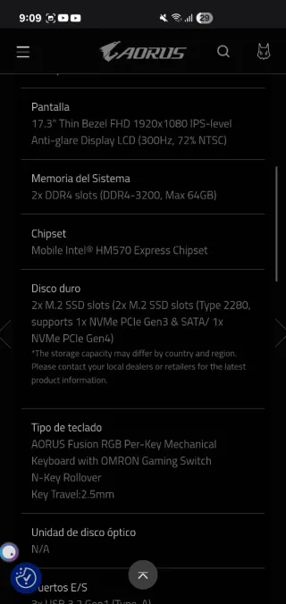 Portátil Gaming Aorus 17.3 300Hz