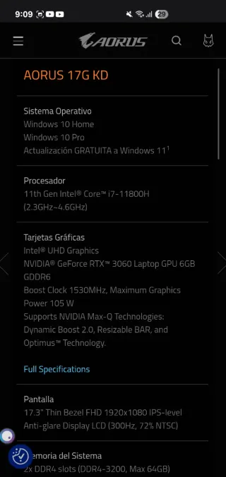 Portátil Gaming Aorus 17.3 300Hz