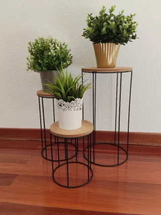 Set 3 Tavoli Ausiliari in Metallo e Legno