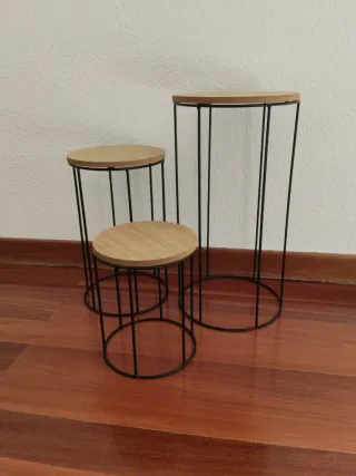 Set 3 Tavoli Ausiliari in Metallo e Legno