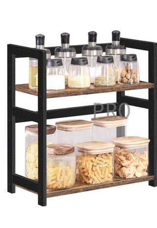 Porta spezie a 2 livelli, scaffale da banco, organizer in bambù, per cucina, sala da pranzo, ufficio, marrone vintage e nero OFS046B01