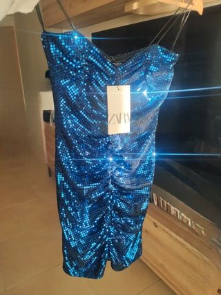 Vestido de fiesta azul lentejuelas ZARA navidad