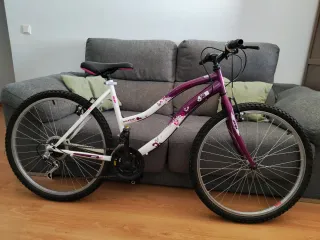 Bicicleta de montaña morada y blanca