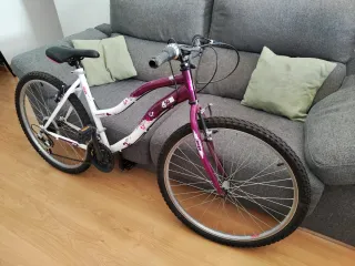 Bicicleta de montaña morada y blanca
