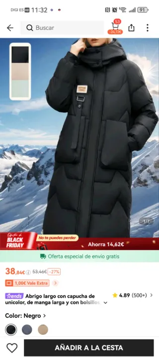 Abrigo negro largo con capucha