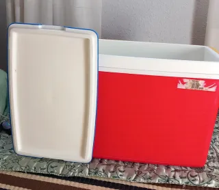 Nevera portátil roja y azul