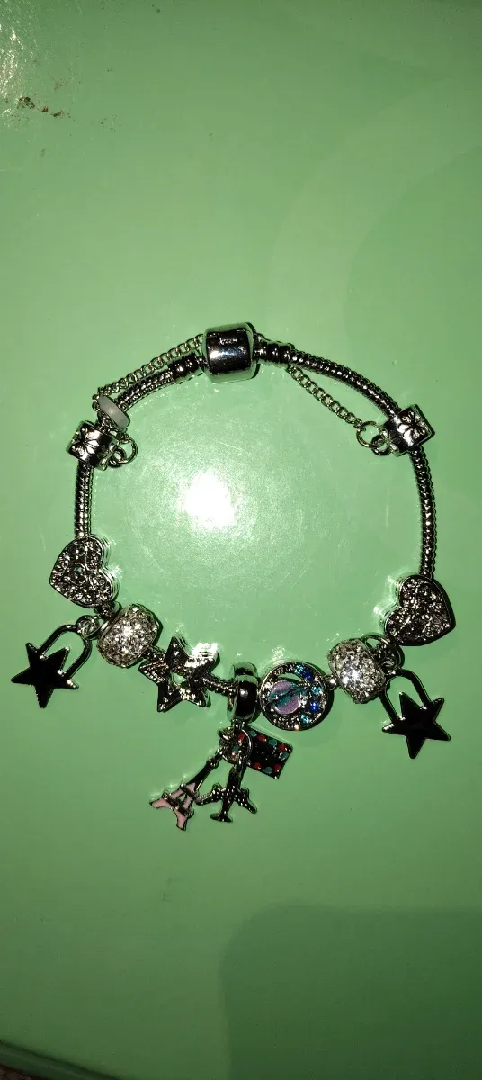 Pulsera tipo Pandora con dijes dorados y rosas
