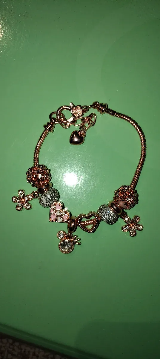 Pulsera tipo Pandora con dijes dorados y rosas