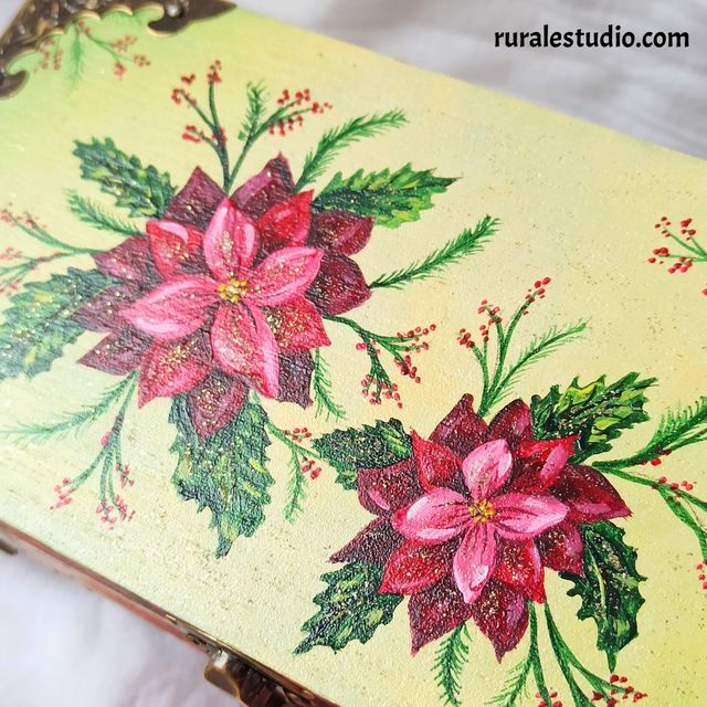 Joyero pintado a mano con flores de pascua Navidad