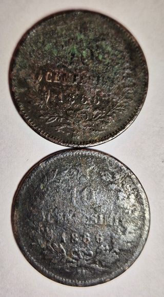 Italia, 2 monete da 10 cent. 1866 "M" in bronzo.