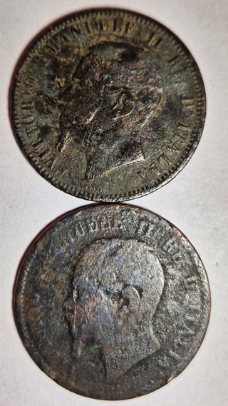 Italia, 2 monete da 10 cent. 1866 "M" in bronzo.