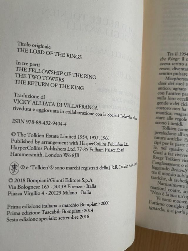Tolkien Il Signore degli Anelli 2018 Bompiani
