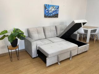 Sofa Cama Con Chaise y Arcon en Gris Terciopelo