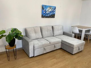 Sofa Cama Con Chaise y Arcon en Gris Terciopelo