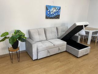 Sofa Cama Con Chaise y Arcon en Gris Terciopelo