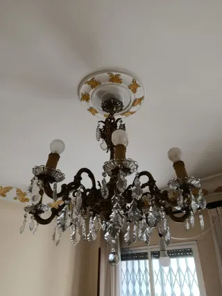 Lámpara de bronce y cristal antigua