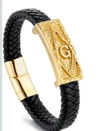Pulsera Hombre Masónica Negra y Dorada