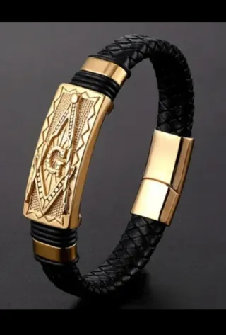 Pulsera Hombre Masónica Negra y Dorada