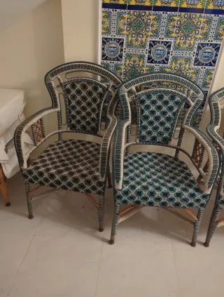 4 Sedie da giardino in vimini blu e bianco