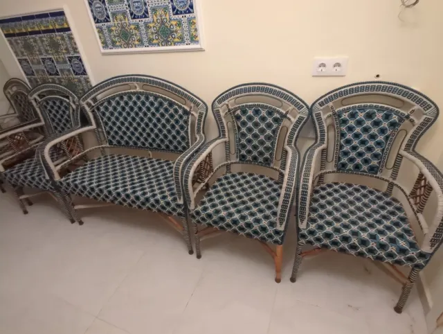 4 Sillas de jardín de mimbre azul y blanco