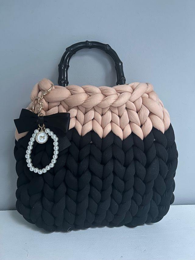 Borsa uncinetto Chunky cotone nero/beige.