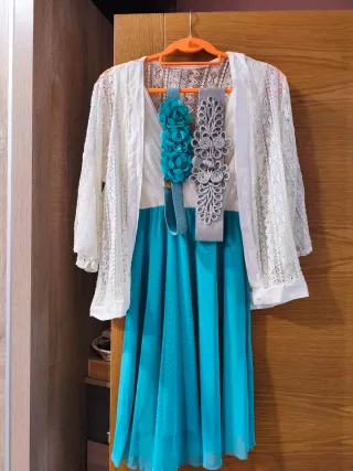 Vestido fiesta verde turquesa y blanco