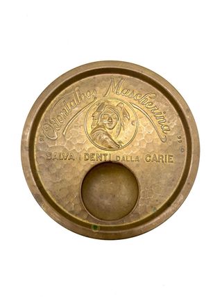 Posacenere pubblicitario Odontalbo Mascherina ottone vintage 19 cm