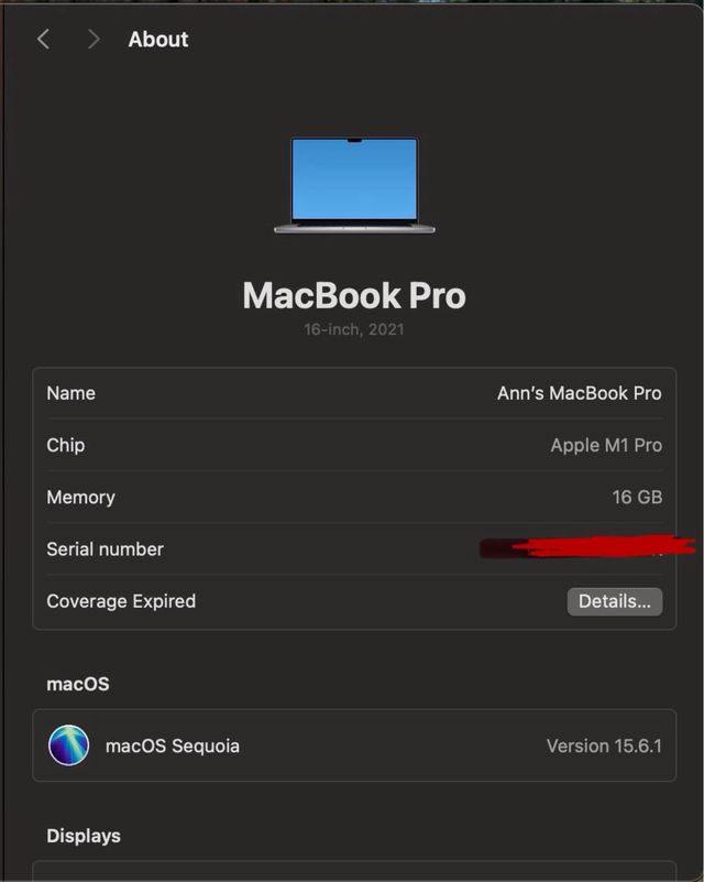 MacBook Pro 16” M1 Pro 16GB RAM