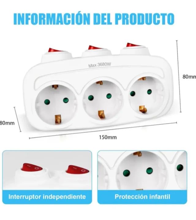 Regleta  Enchufe Europeo  3 Tomas Con Interruptor