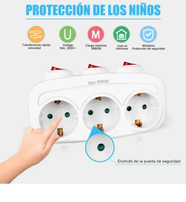 Regleta  Enchufe Europeo  3 Tomas Con Interruptor