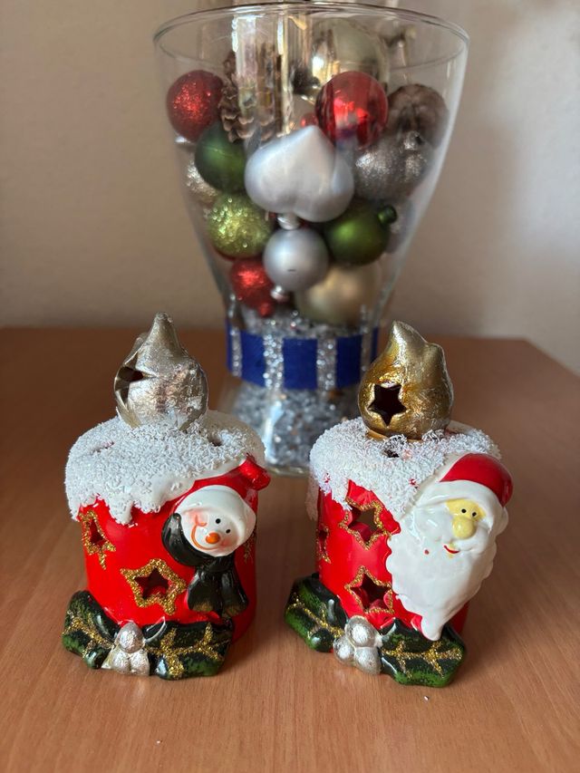 Portavelas Navidad Cerámica Santa y Muñeco Nieve