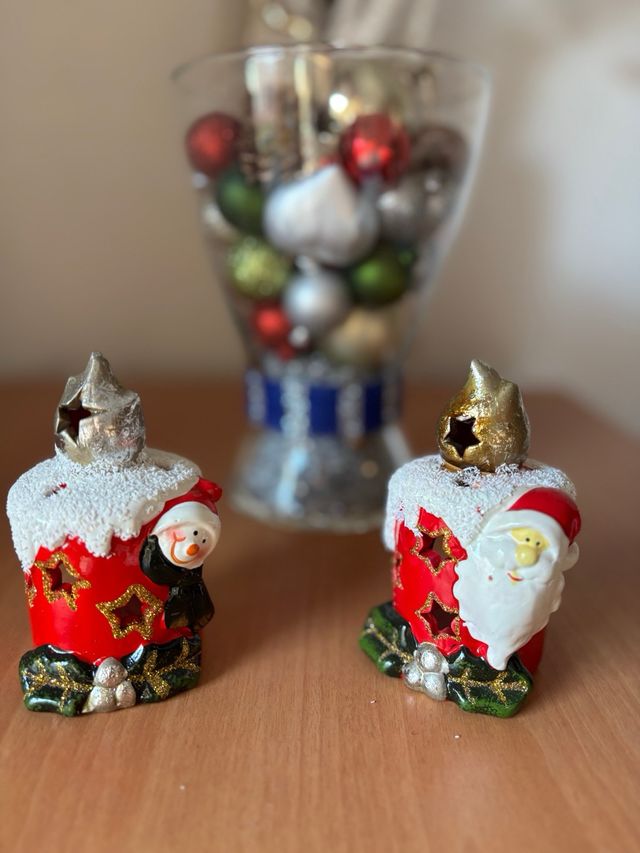Portavelas Navidad Cerámica Santa y Muñeco Nieve