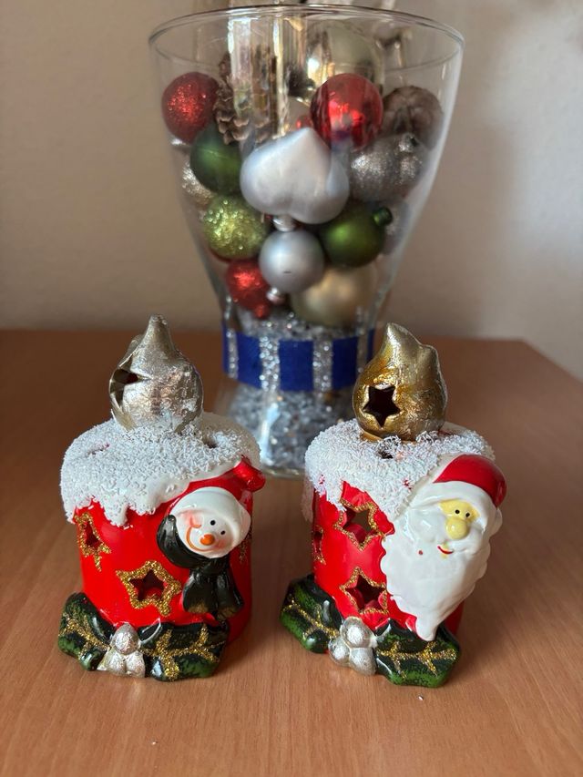 Portavelas Navidad Cerámica Santa y Muñeco Nieve