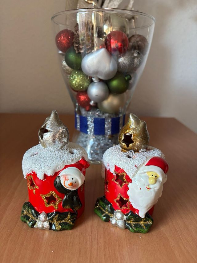 Portavelas Navidad Cerámica Santa y Muñeco Nieve