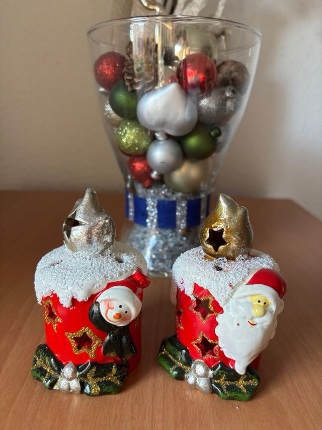 Portavelas Navidad Cerámica Santa y Muñeco Nieve