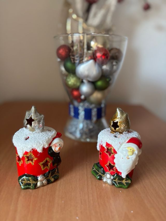 Portavelas Navidad Cerámica Santa y Muñeco Nieve