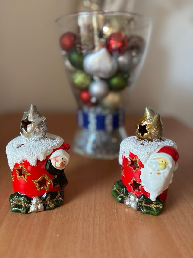 Portavelas Navidad Cerámica Santa y Muñeco Nieve