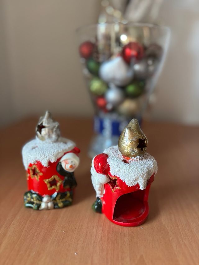 Portavelas Navidad Cerámica Santa y Muñeco Nieve