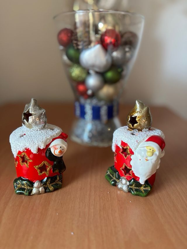 Portavelas Navidad Cerámica Santa y Muñeco Nieve
