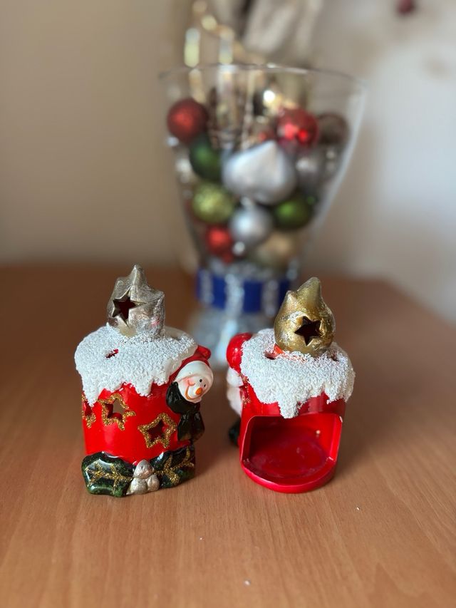 Portavelas Navidad Cerámica Santa y Muñeco Nieve
