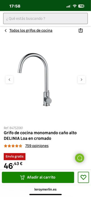 Grifo Cocina monomando de caño alto Delinia Loa