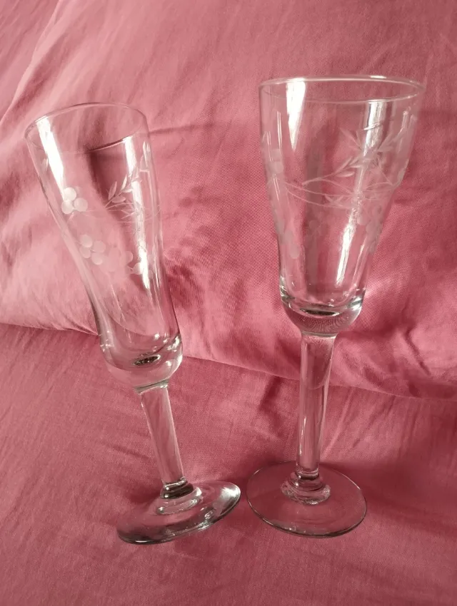 6 Copas Champán cristal grabado Vintage'70