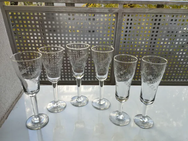 6 Copas Champán cristal grabado Vintage'70