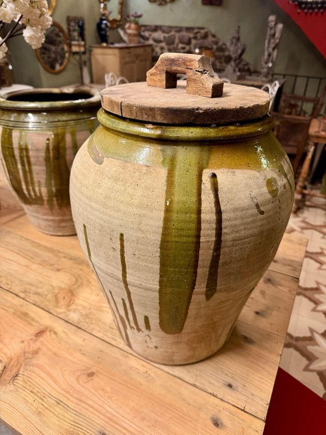Jarra cerámica antigua vidriada verdes