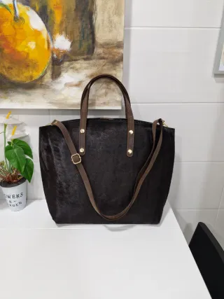 Bolso Piel de Potro y Cuero Negro/Marrón