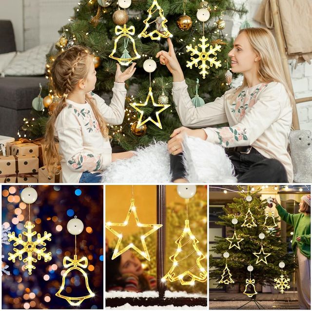 Conjunto de 4 enfeites de luz de Natal LED para janela com pilhas