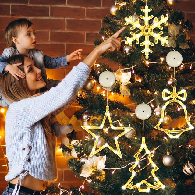 Conjunto de 4 enfeites de luz de Natal LED para janela com pilhas