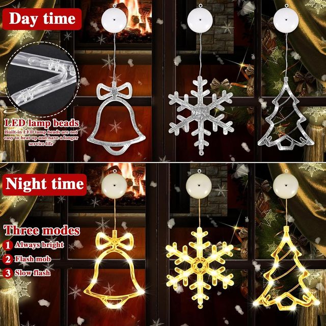 Conjunto de 4 enfeites de luz de Natal LED para janela com pilhas